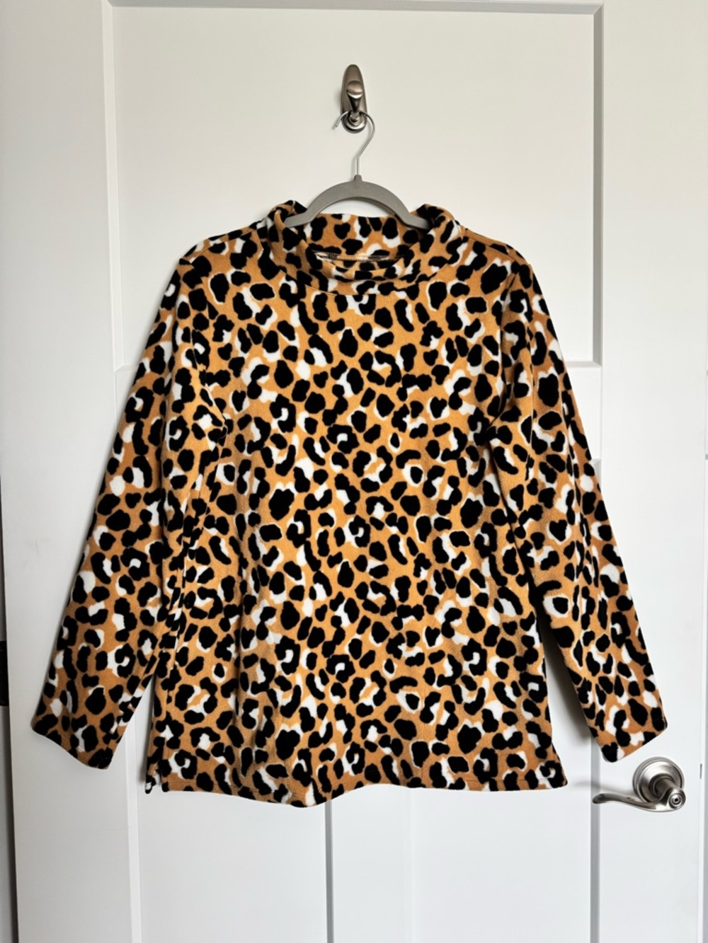 Denim&Co Leopard Print Mock Neck Fleece Tunic Pockets Tan Black White Size S